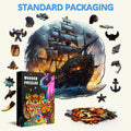 Wooden jigsaw puzzle featuring a sailing ship, unique shaped pieces, vibrant colors, and intricate designs.