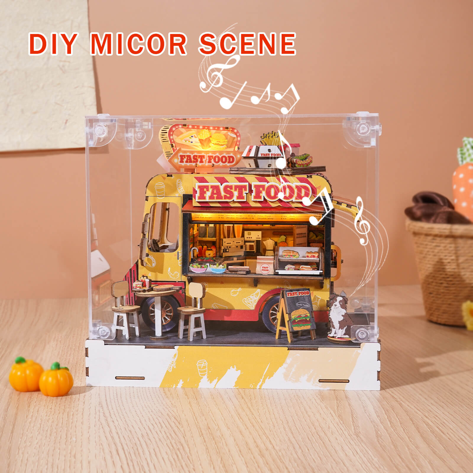 DIY Fast Food Cart miniature scene, realistic wooden puzzle with detailed features and eco-friendly design.