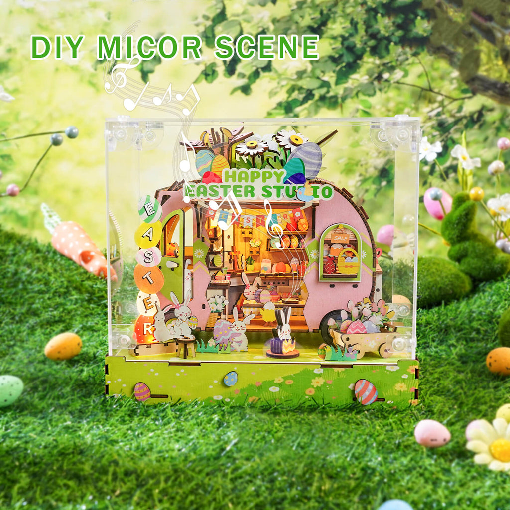 DIY miniature Easter egg cart scene with festive decorations and adorable animals in a vibrant spring setting.