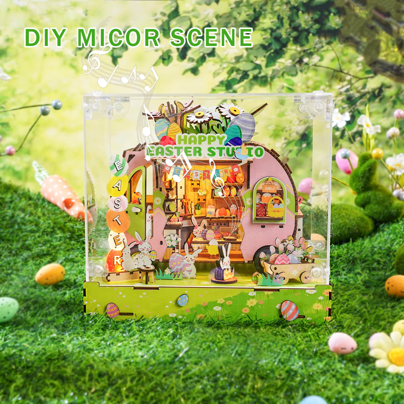 DIY miniature Easter egg cart scene with festive decorations and adorable animals in a vibrant spring setting.