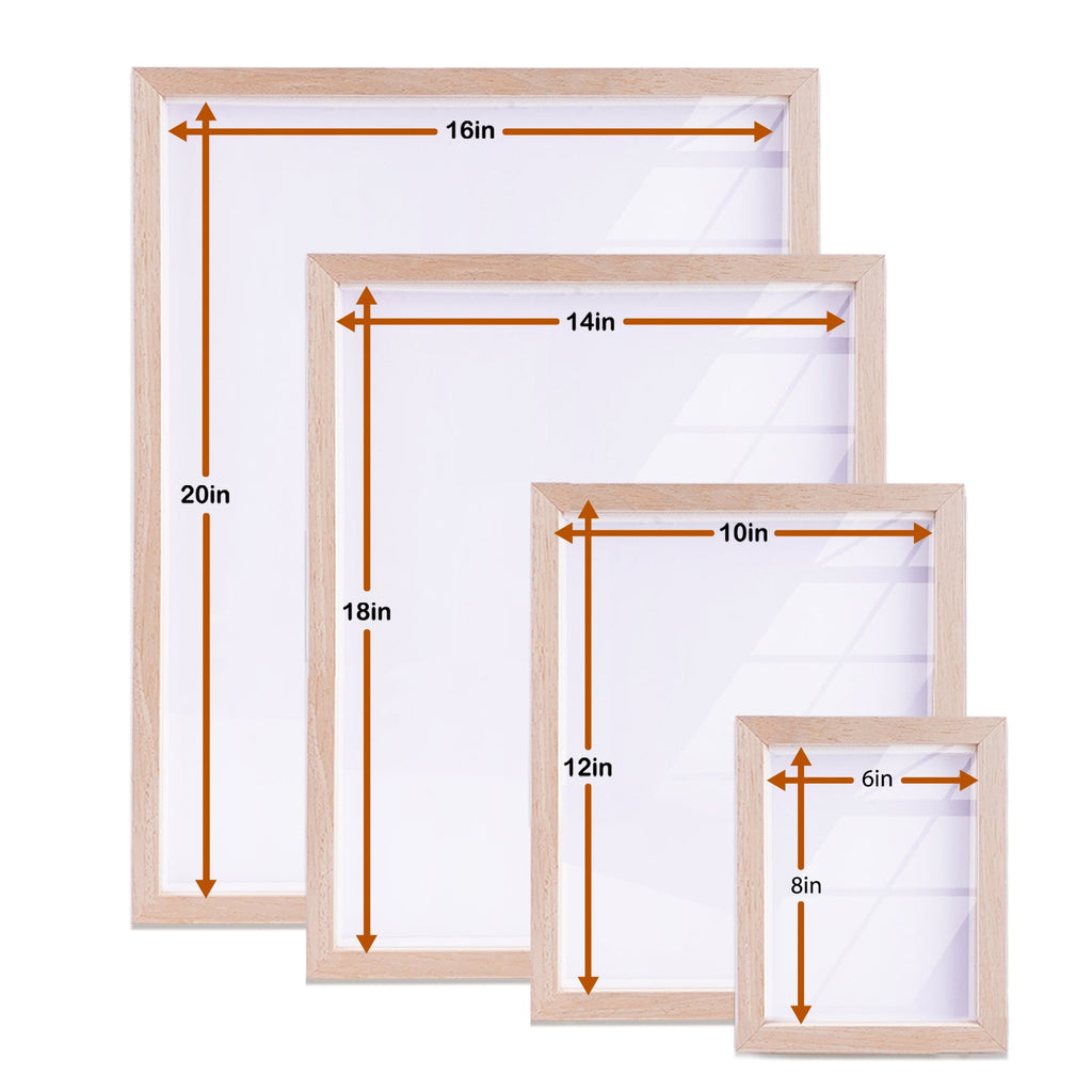 Natural solid oak wood photo frames with size measurements: 20x16in, 18x14in, 12x10in, and 8x6in.
