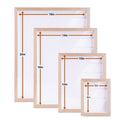 Natural solid oak wood photo frames with size measurements: 20x16in, 18x14in, 12x10in, and 8x6in.