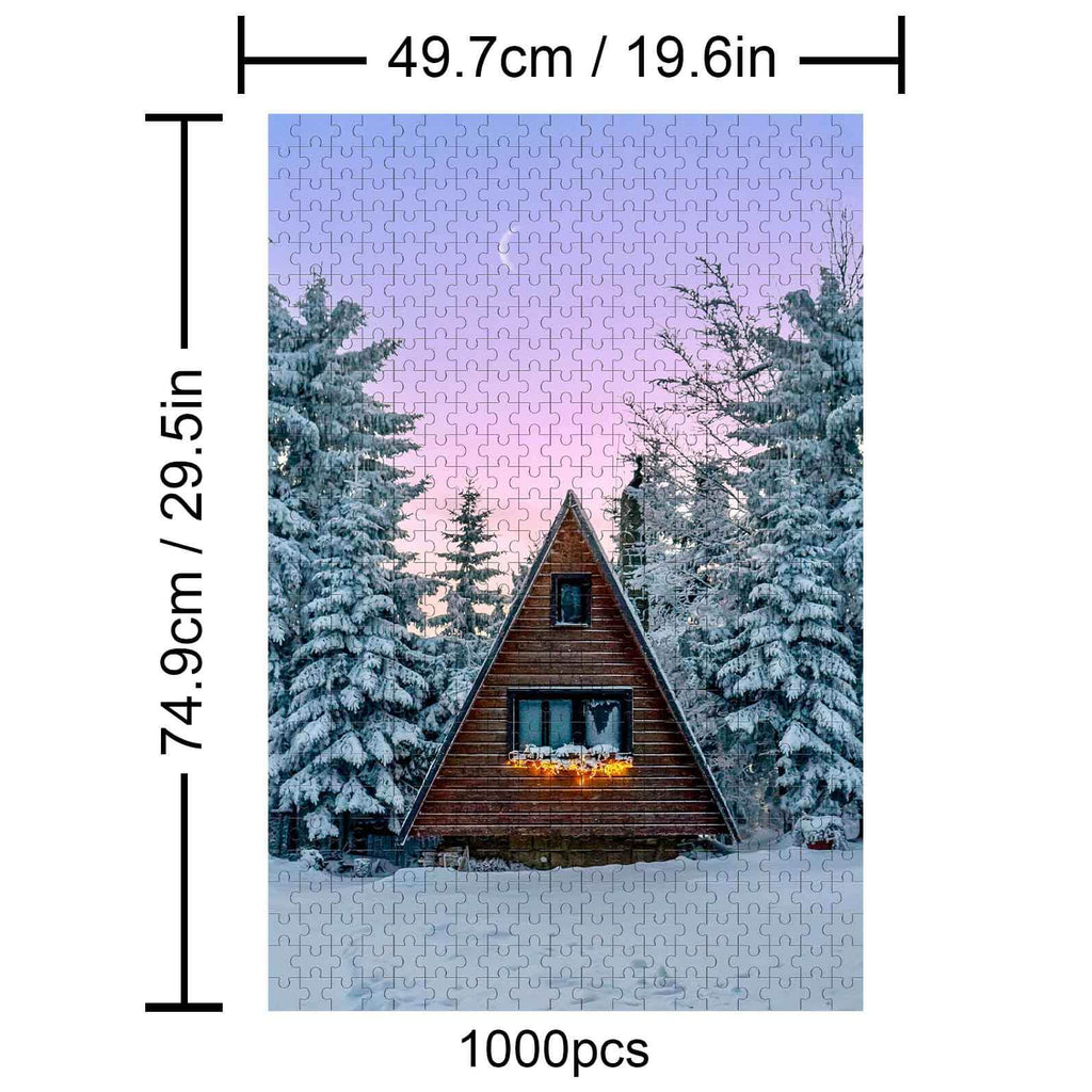 Dreamy Winter Night 1000-piece puzzle of a cozy cabin amid snow-covered trees, perfect for puzzle enthusiasts.