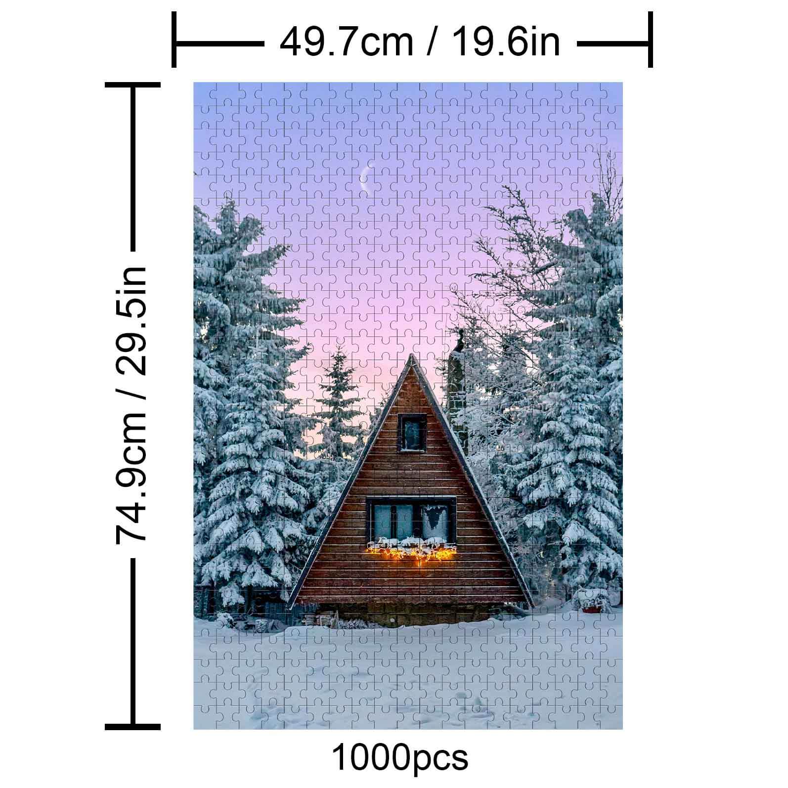 Dreamy Winter Night 1000-piece puzzle of a cozy cabin amid snow-covered trees, perfect for puzzle enthusiasts.