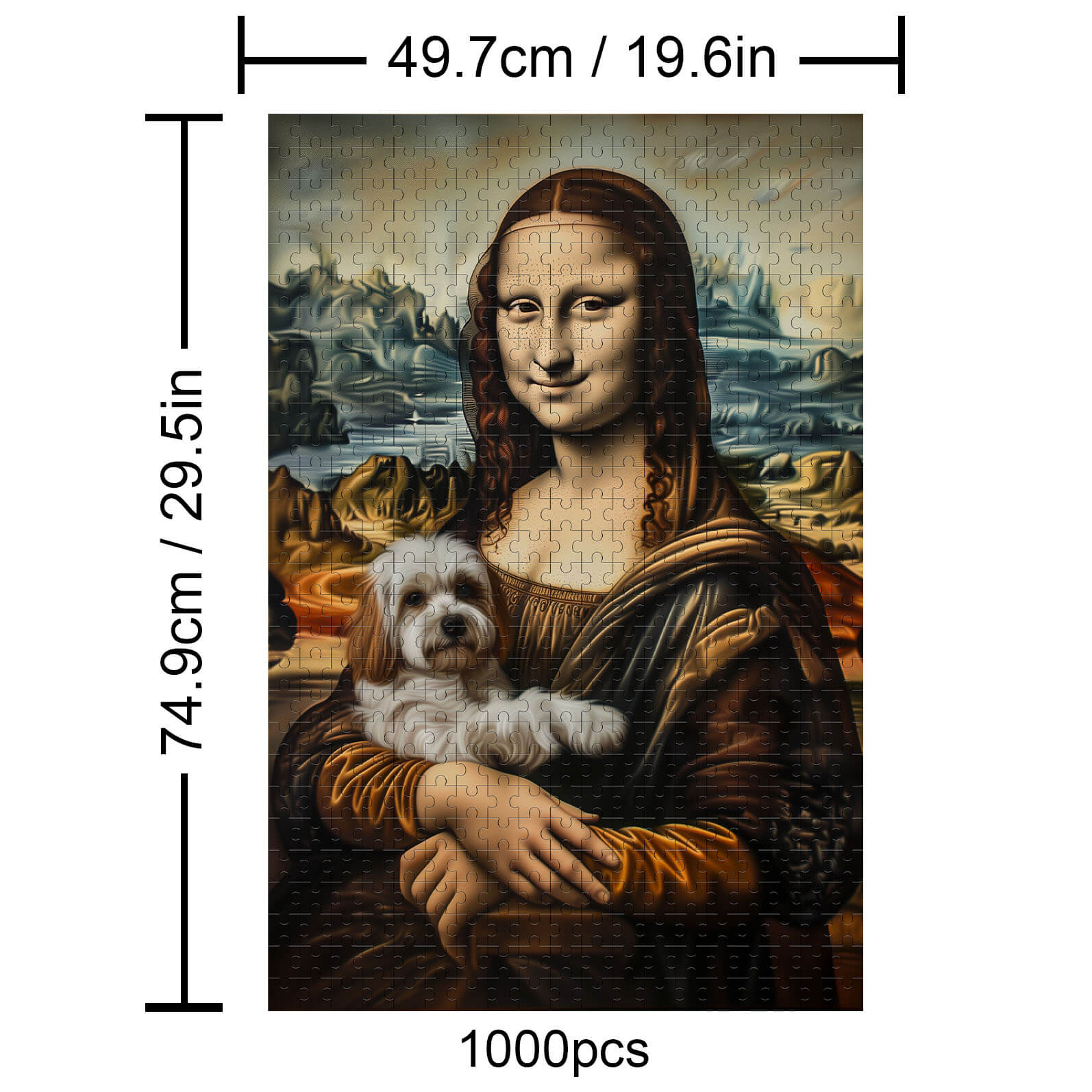 Mona Lisa and Puppy 1000 piece puzzle, perfect for enhancing focus and intelligence through engaging mind games.