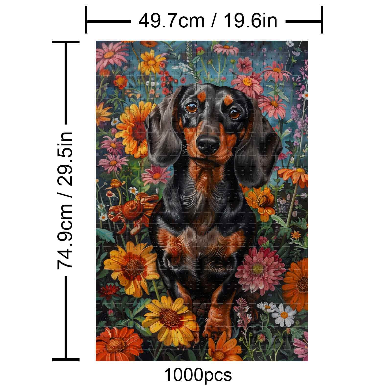 Dachshund surrounded by colorful flowers in a 1000 piece jigsaw puzzle, perfect for puzzle lovers and mind games.