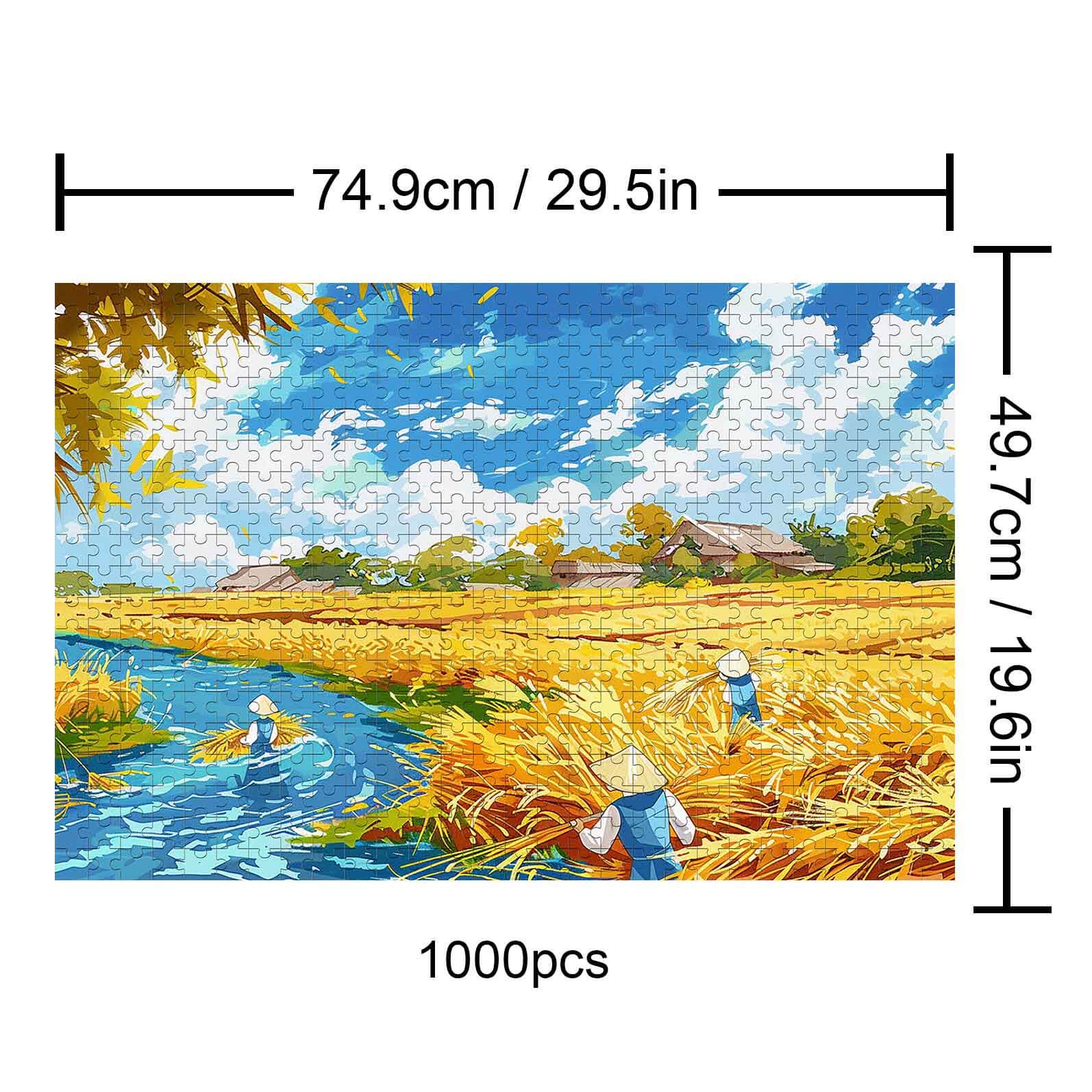 Pastoral Autumn 1000 piece jigsaw puzzle depicting a vibrant landscape with farmers and golden fields.