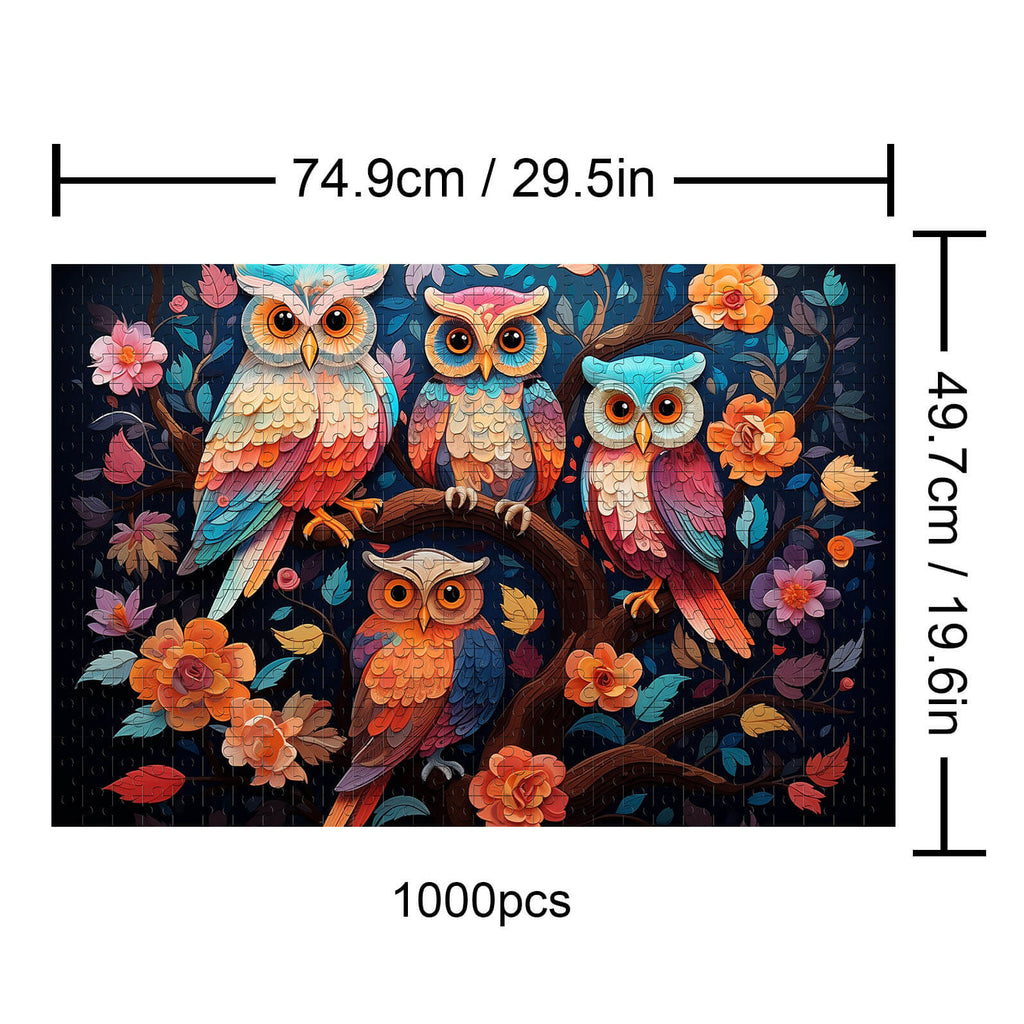 Owl Family 1000 piece puzzle featuring colorful owls and flowers, perfect for jigsaw puzzle enthusiasts.