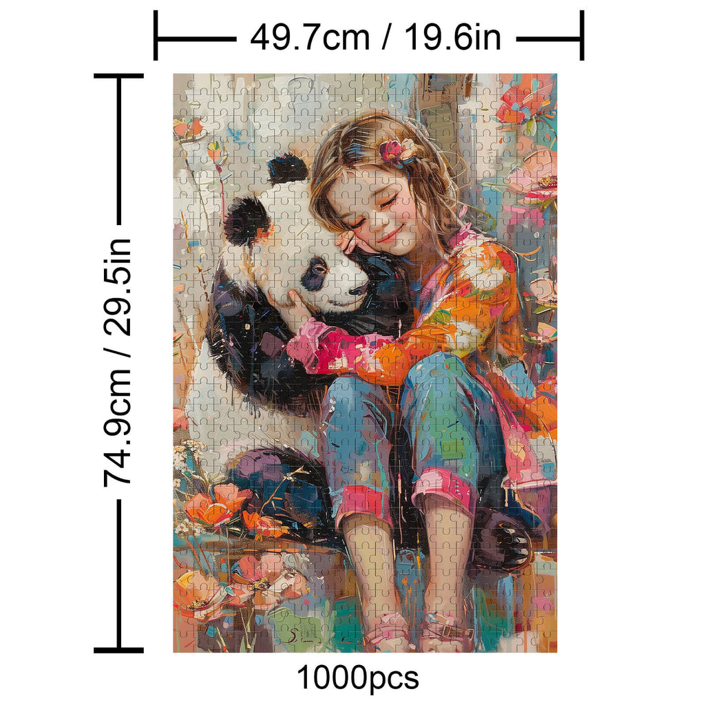 Panda and girl 1000 piece puzzle, perfect for enhancing focus and puzzle-solving skills.