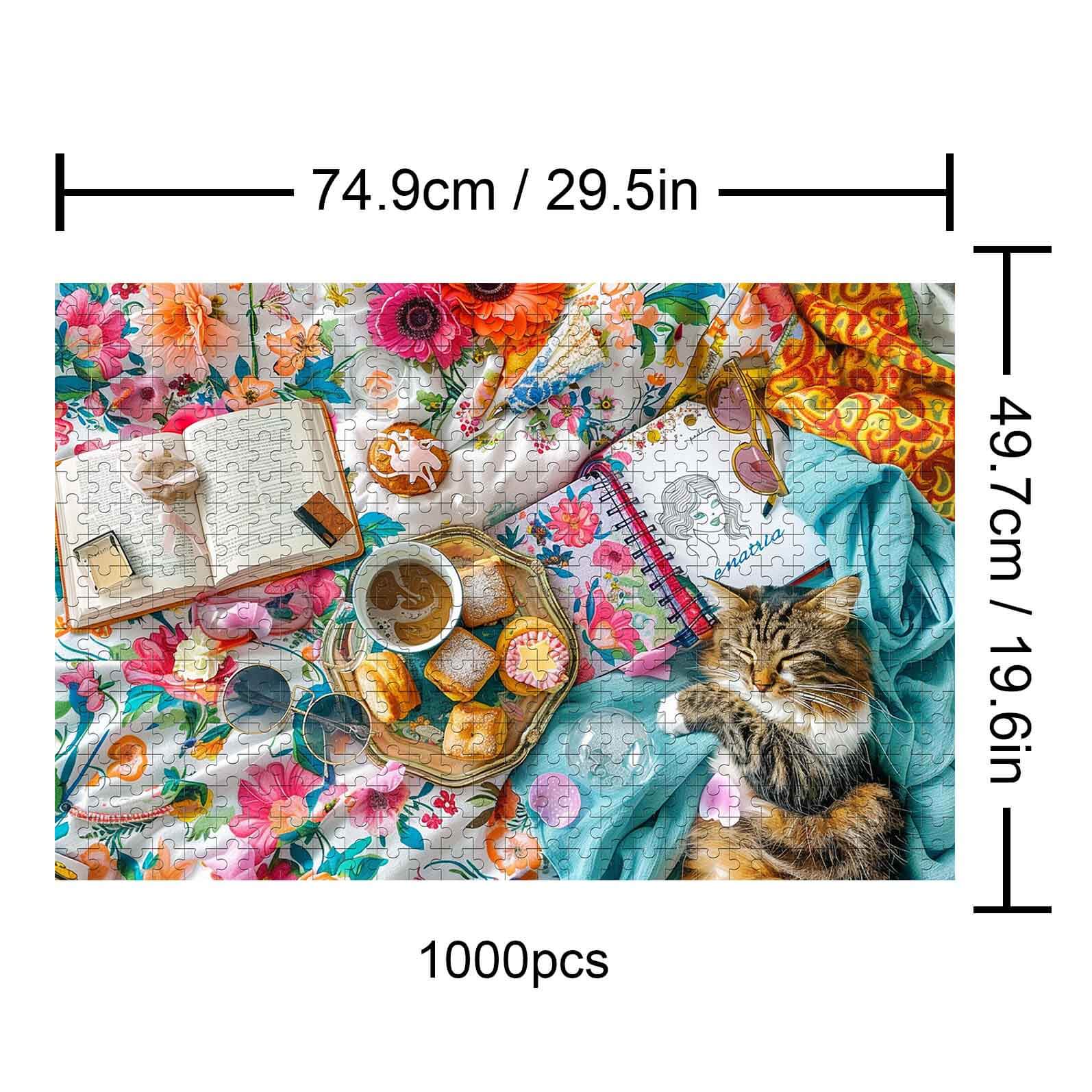 Leisure Time 1000 Piece Puzzle with a cat, colorful flowers, snacks, and a notebook on a cozy blanket.