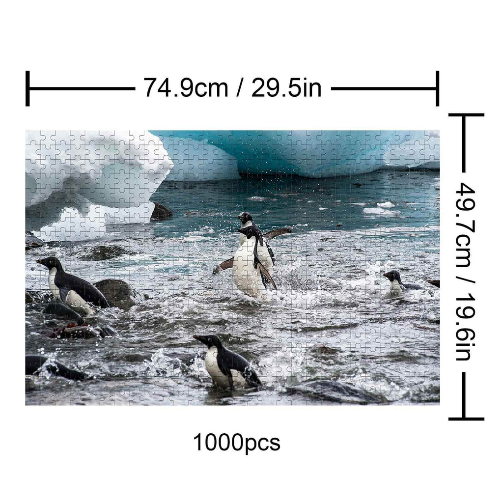 Happy Penguins 1000 piece puzzle showcasing penguins in icy waters, perfect for enhancing focus and mental skills.