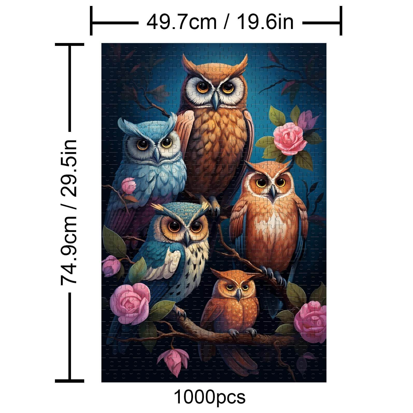 Colorful 1000-piece owl jigsaw puzzle featuring six owls and roses, perfect for enhancing focus and cognitive skills.