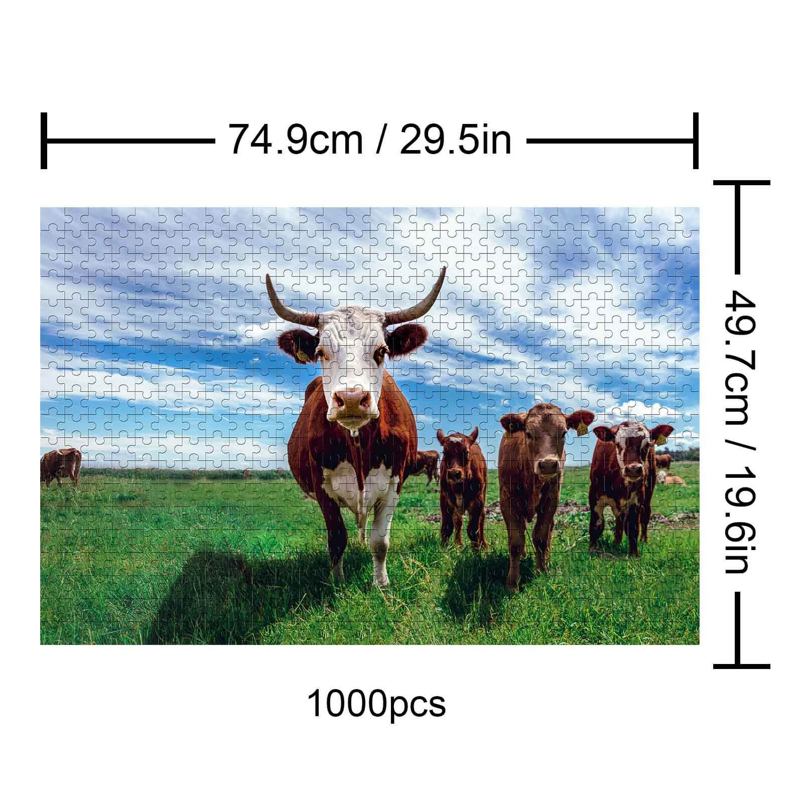 Cows on the Grassland 1000 piece puzzle featuring brown and white cows in green fields under a blue sky.