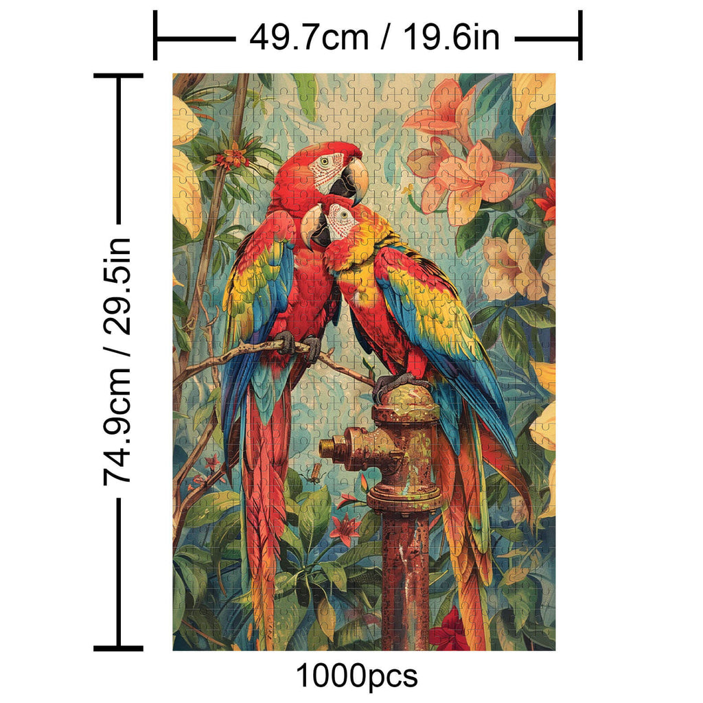 Snuggling Parrot 1000 piece puzzle featuring vibrant parrots and floral design, perfect for enhancing focus and cognitive skills.
