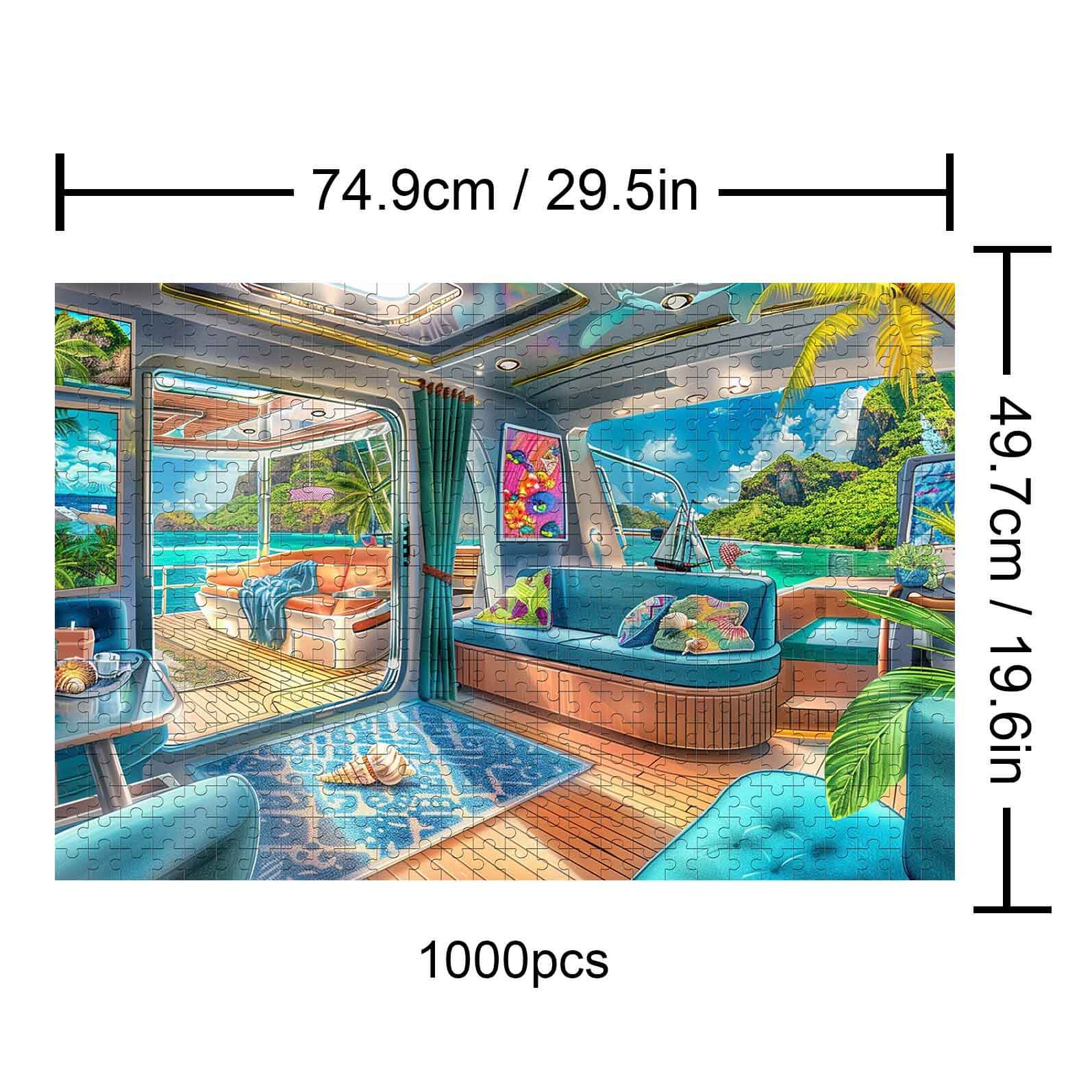 Luxury Yachts 1000-piece puzzle showcasing an elegant interior with stunning ocean views and vibrant décor.