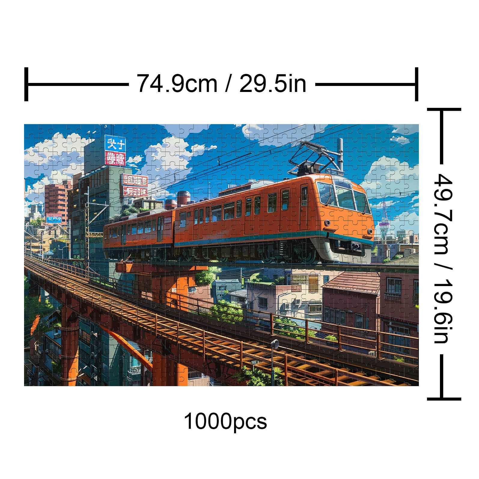 City Train 1000-piece puzzle featuring a vibrant orange train on elevated tracks in a city landscape.