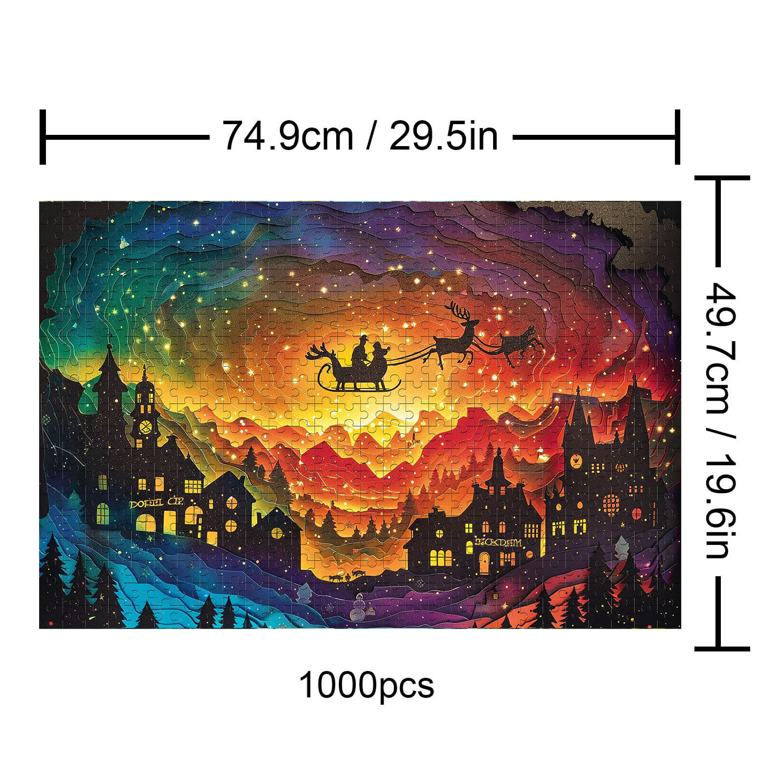 Colorful 1000 piece Christmas Eve puzzle depicting Santa on a sleigh over a vibrant winter village scene.