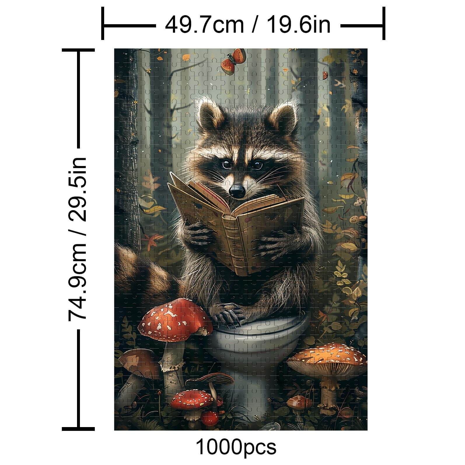 Studious Raccoon 1000 Piece Puzzle showcasing a raccoon reading in a whimsical forest setting.