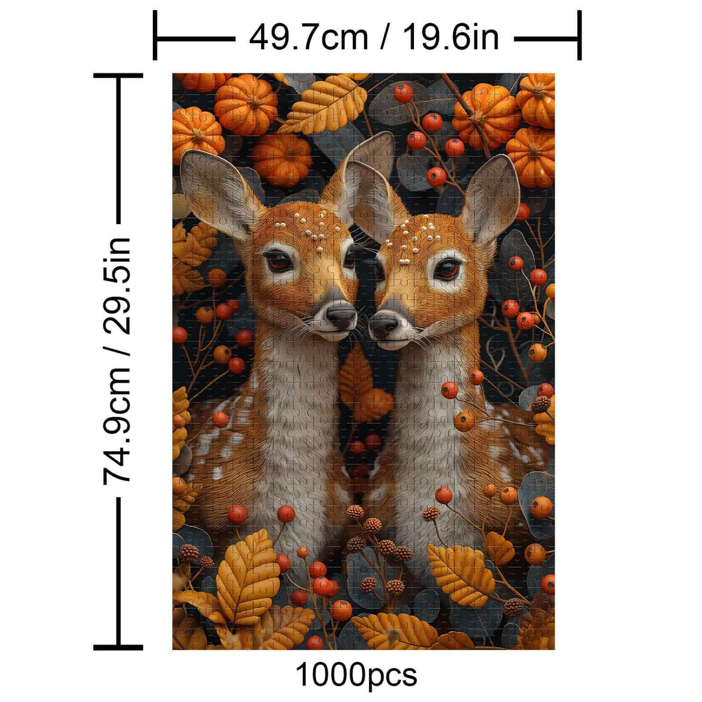 Twin fawns 1000 piece jigsaw puzzle surrounded by autumn leaves and pumpkins, perfect for puzzle lovers and focus enhancement.