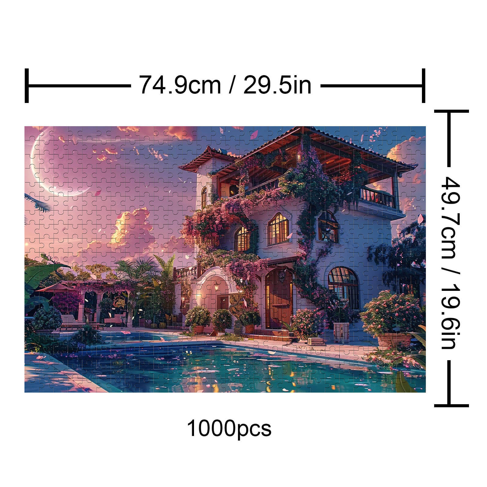 Dream Villa 1000 piece jigsaw puzzle featuring a serene poolside scene with vibrant colors and intricate details.