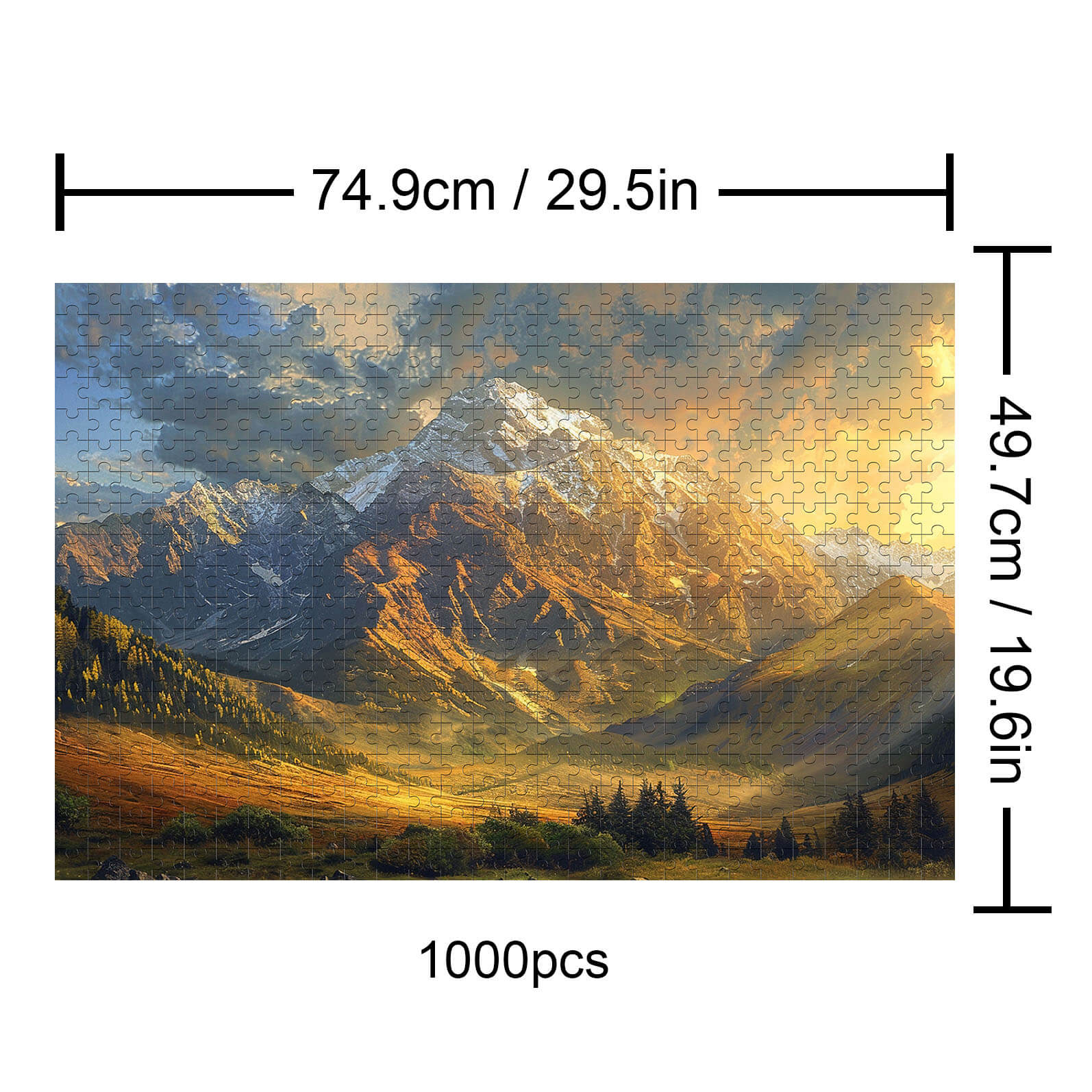 Sunset Mountains 1000 piece jigsaw puzzle showcasing stunning mountain scenery and vibrant colors.