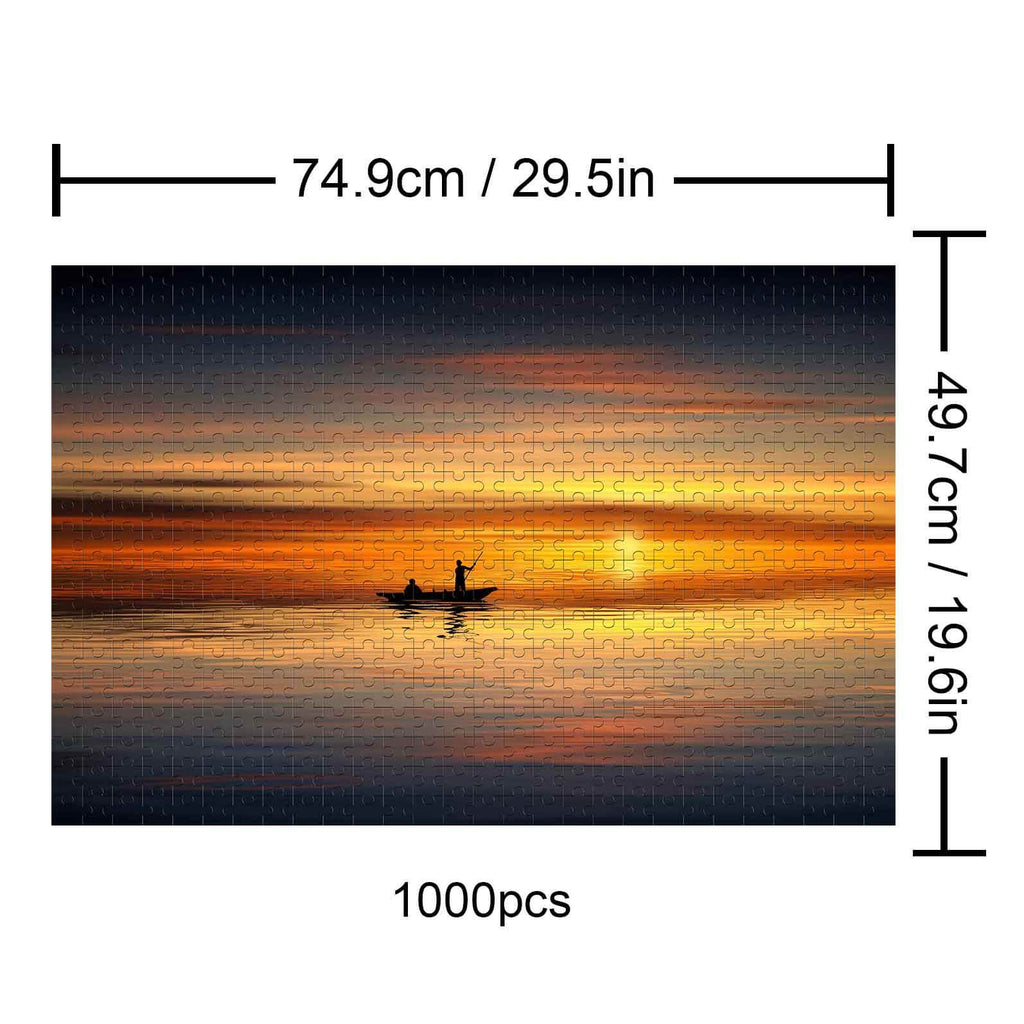 Boatman at Sunset 1000-piece puzzle, featuring vibrant sunset colors and a serene boat scene.