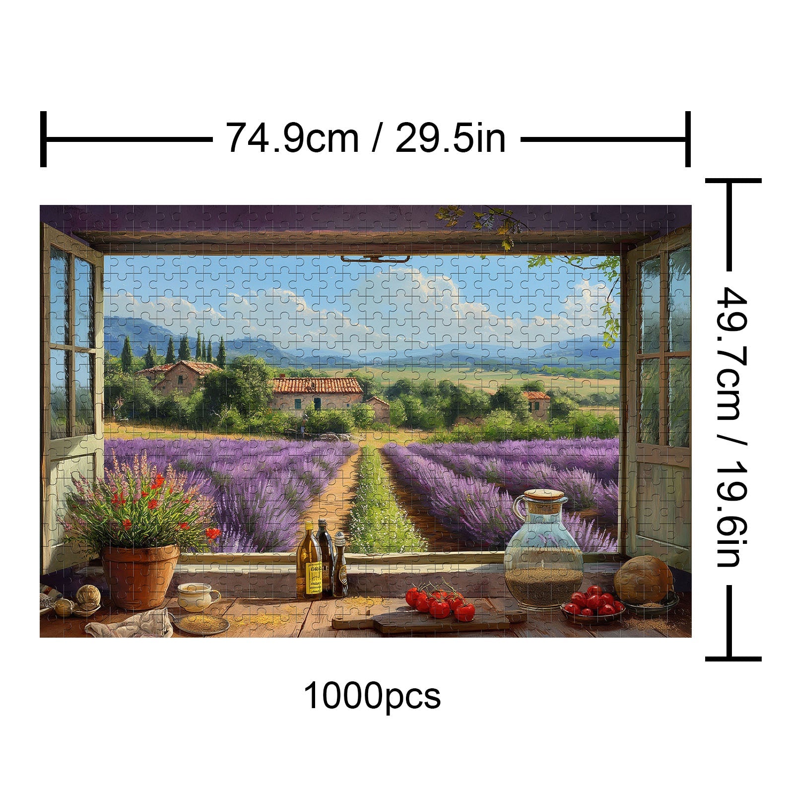 Farm Kitchen 1000 piece puzzle featuring a scenic lavender field view from a window.