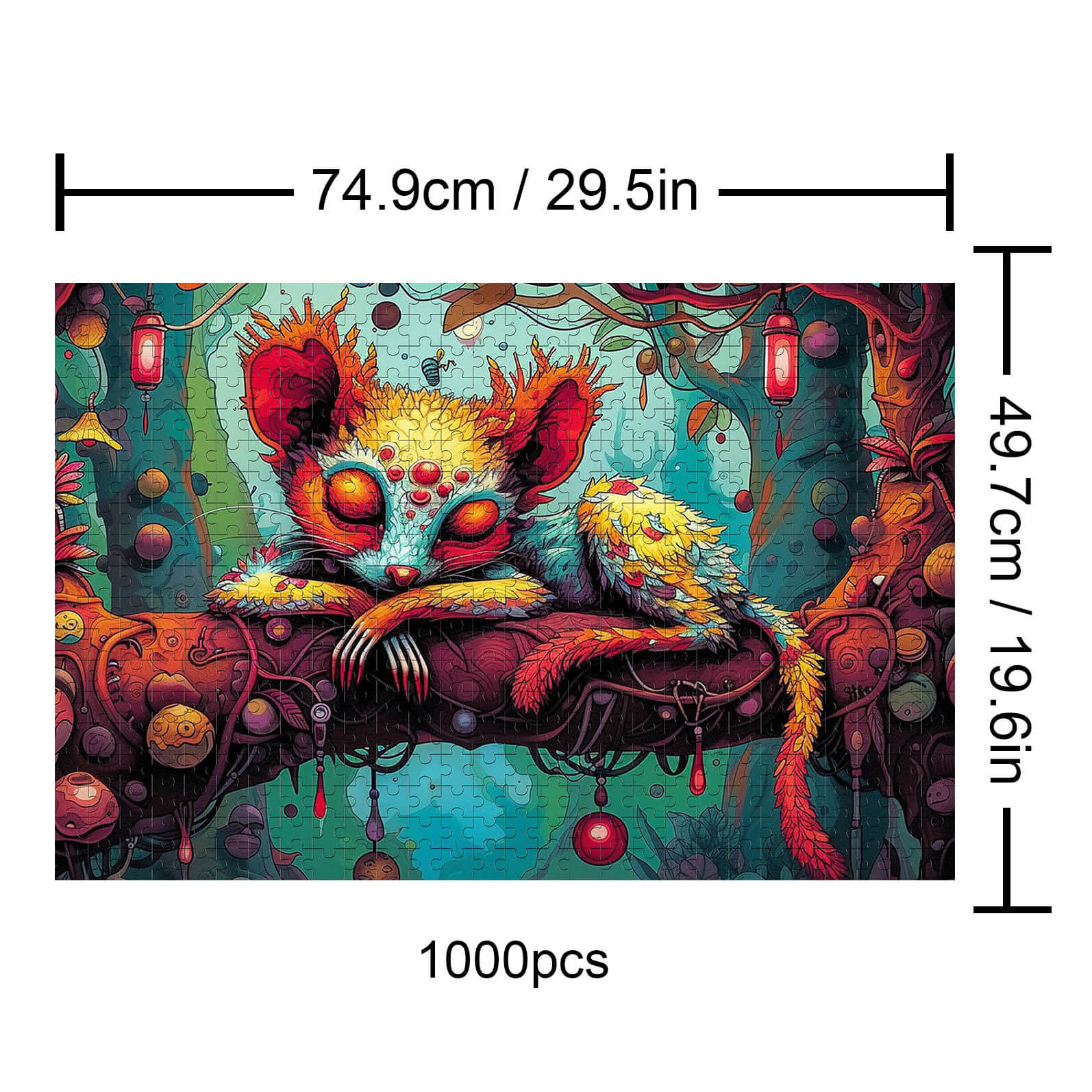 Dreamy Civet 500/1000 piece puzzle featuring colorful, abstract civets resting on a branch, ideal for puzzle enthusiasts.