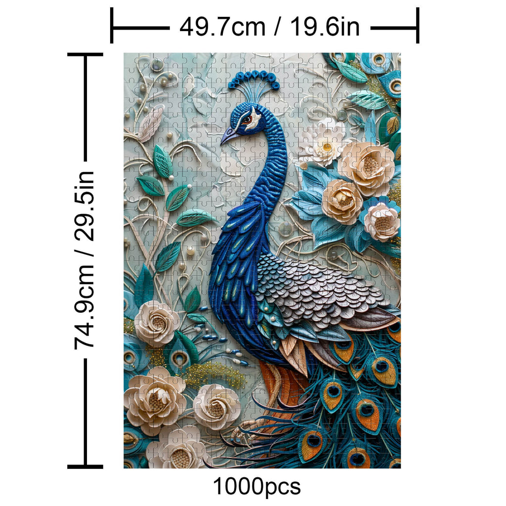 Peacock Mural 1000 piece puzzle featuring vibrant peacock design and floral elements, ideal for puzzle enthusiasts.