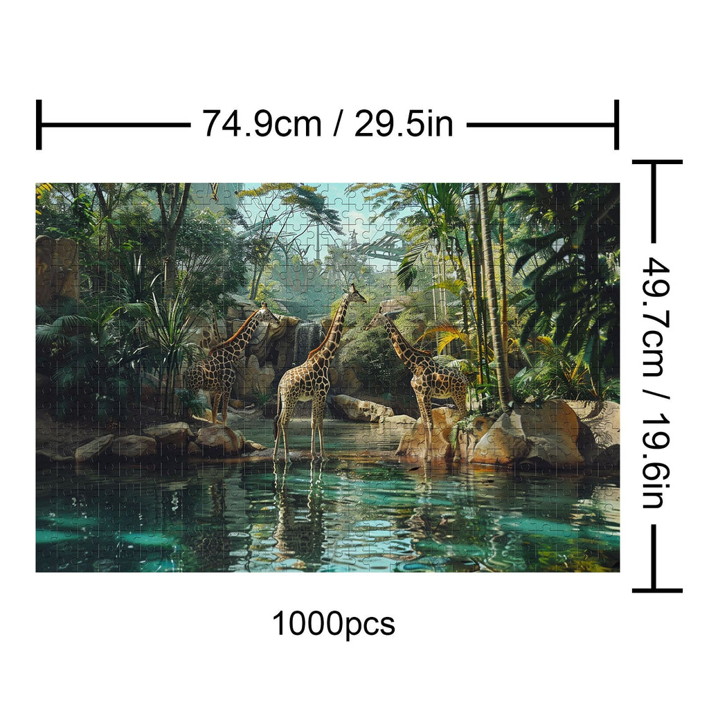Forest Giraffes 1000-piece puzzle featuring tall giraffes in a lush green jungle setting near water.