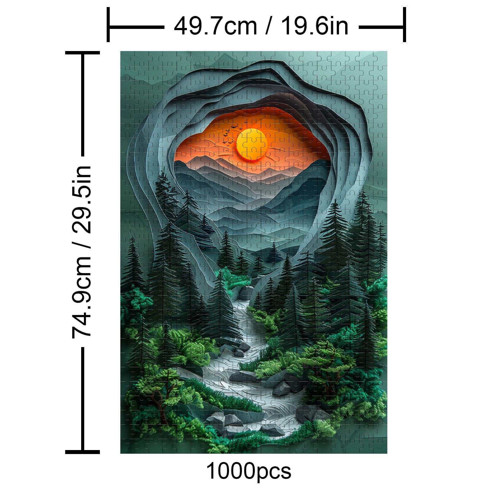 Jungle Sunset 1000 piece jigsaw puzzle featuring a vibrant sunset over mountainous terrain and a flowing river.