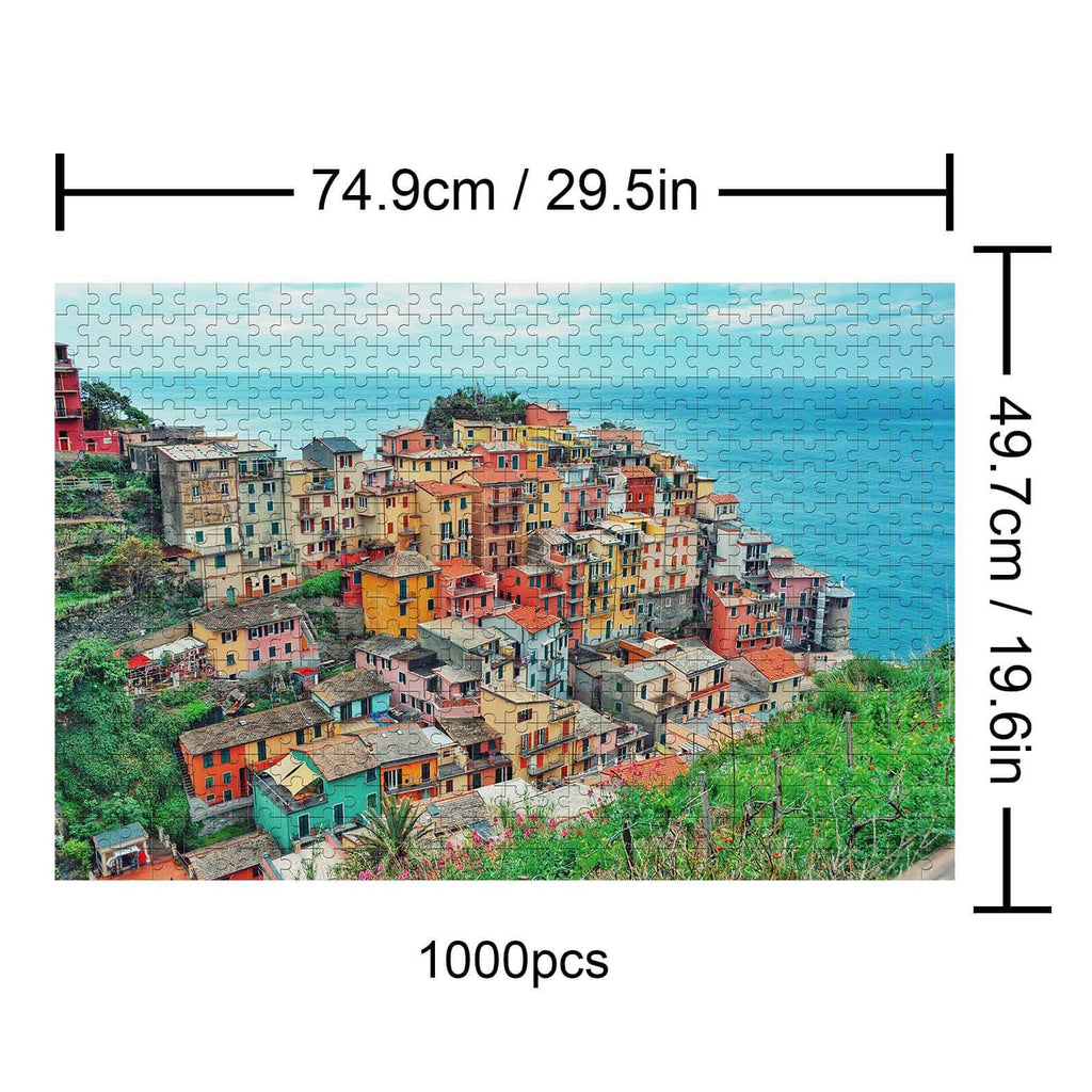 Colorful seaside village puzzle featuring vibrant buildings and scenic ocean views, 1000 pieces for mind engagement.