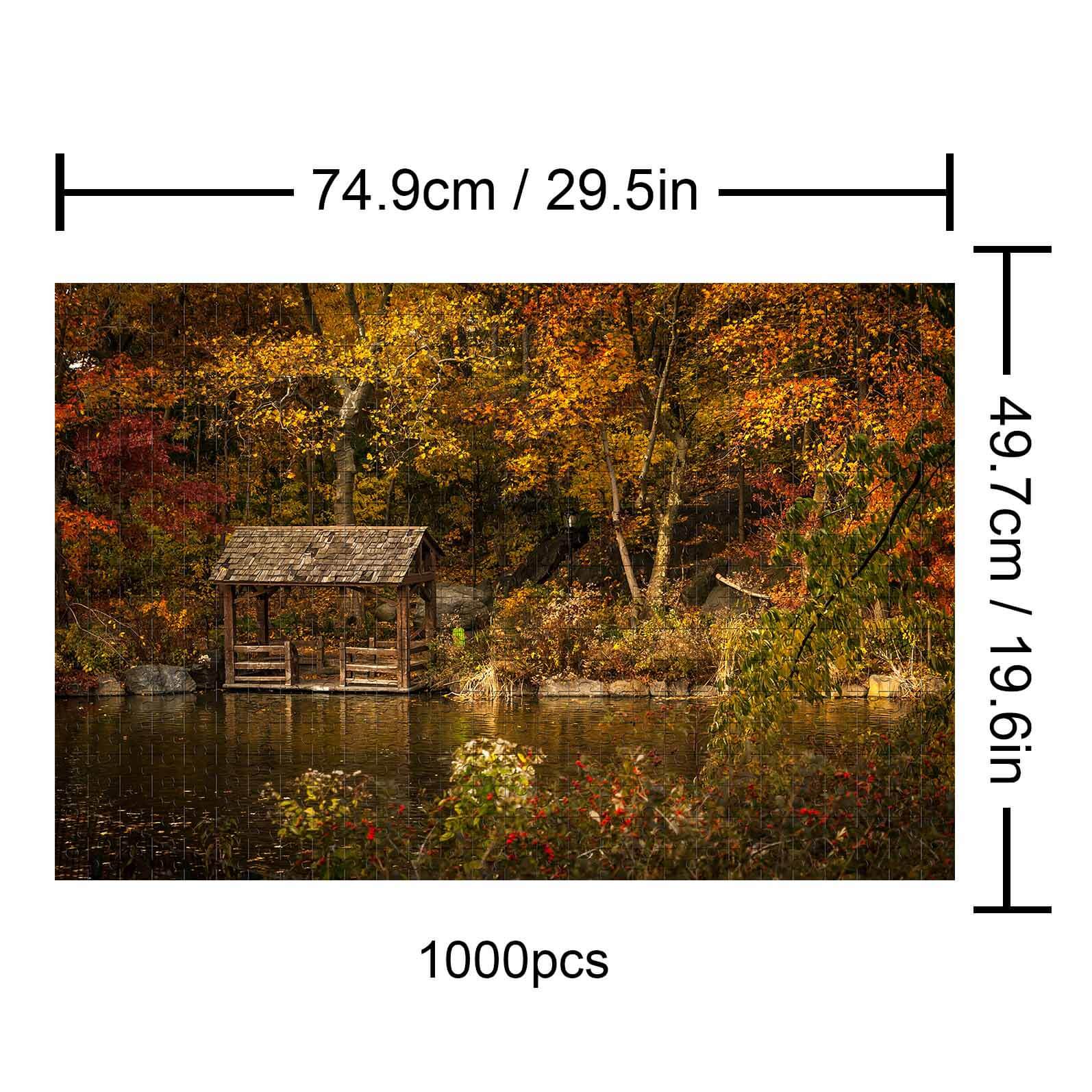 Autumn Lakeside 1000 piece puzzle showcasing vibrant fall colors and a serene lakeside cabin.