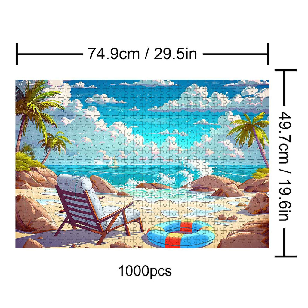 Relaxing Beach 1000 piece puzzle depicting a serene beach scene with palm trees and a deck chair.