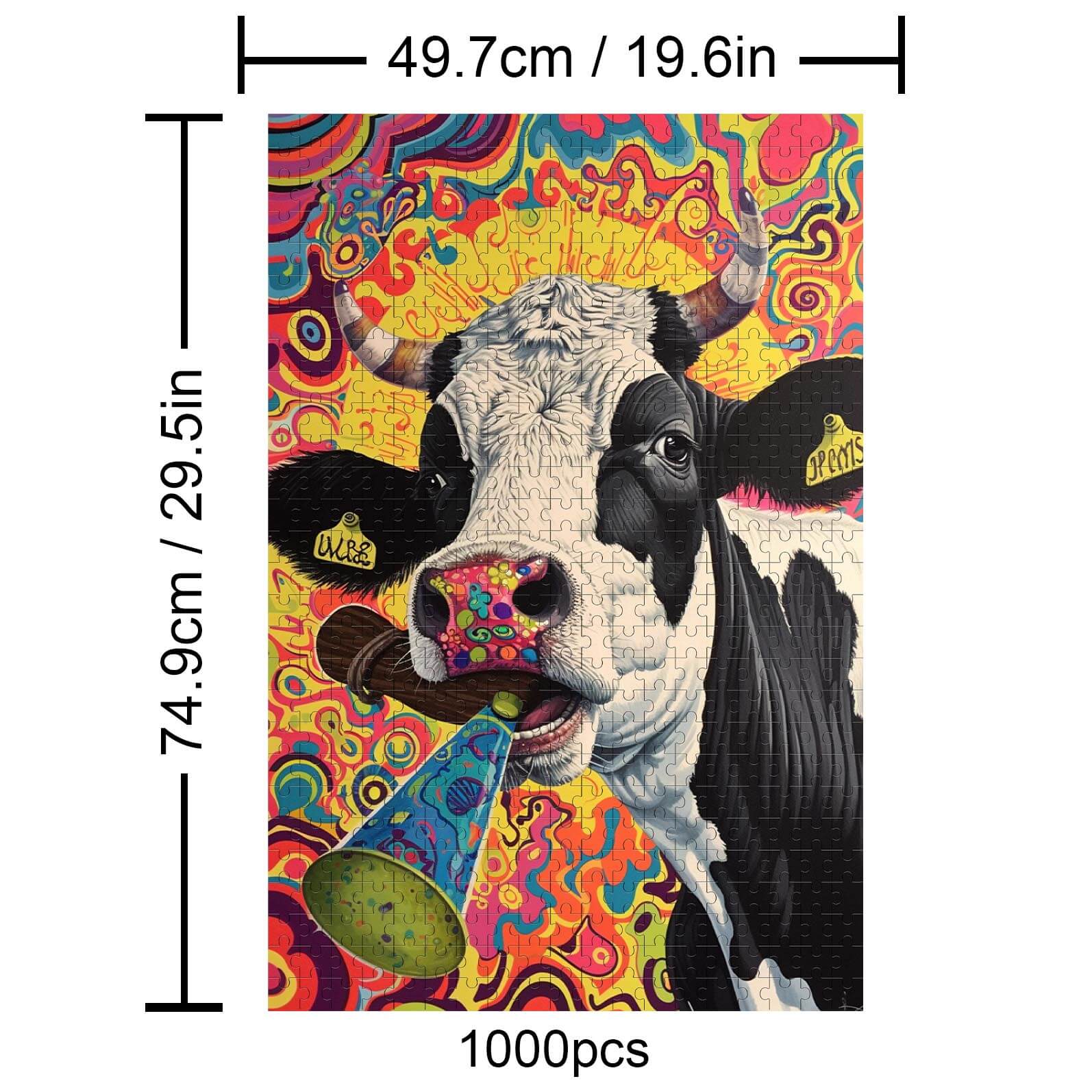 Crazy Cow 1000 piece jigsaw puzzle featuring a colorful cow design, perfect for brain games and enhancing focus.