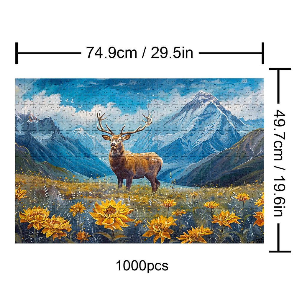 Elk 500/1000 piece jigsaw puzzle featuring a majestic elk in a vibrant mountain landscape with flowers.