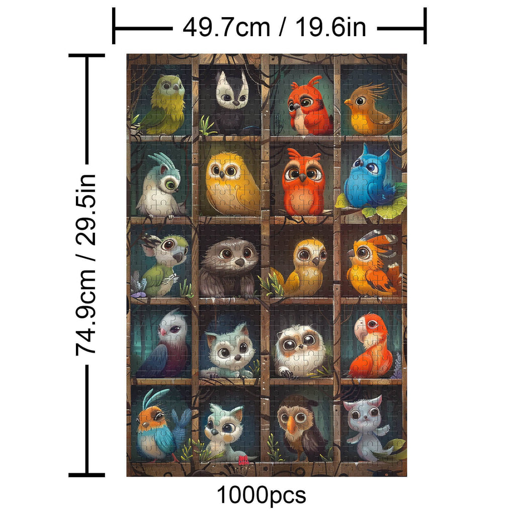 Cute Birds 1000 Piece Puzzle featuring colorful and whimsical bird illustrations in a fun jigsaw design.