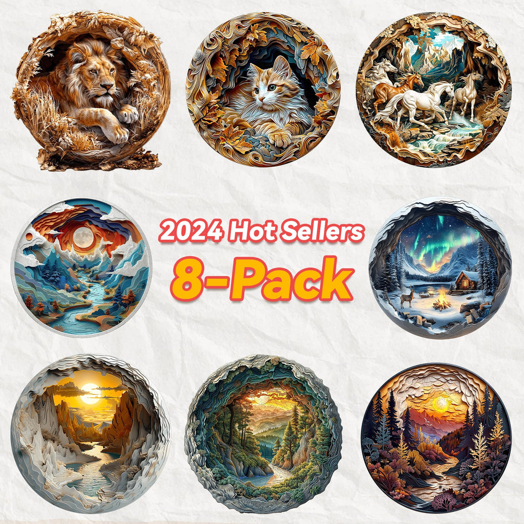 2024 Hot Sellers 8-Pack featuring stunning animal and landscape designs in circular art, perfect for decor.