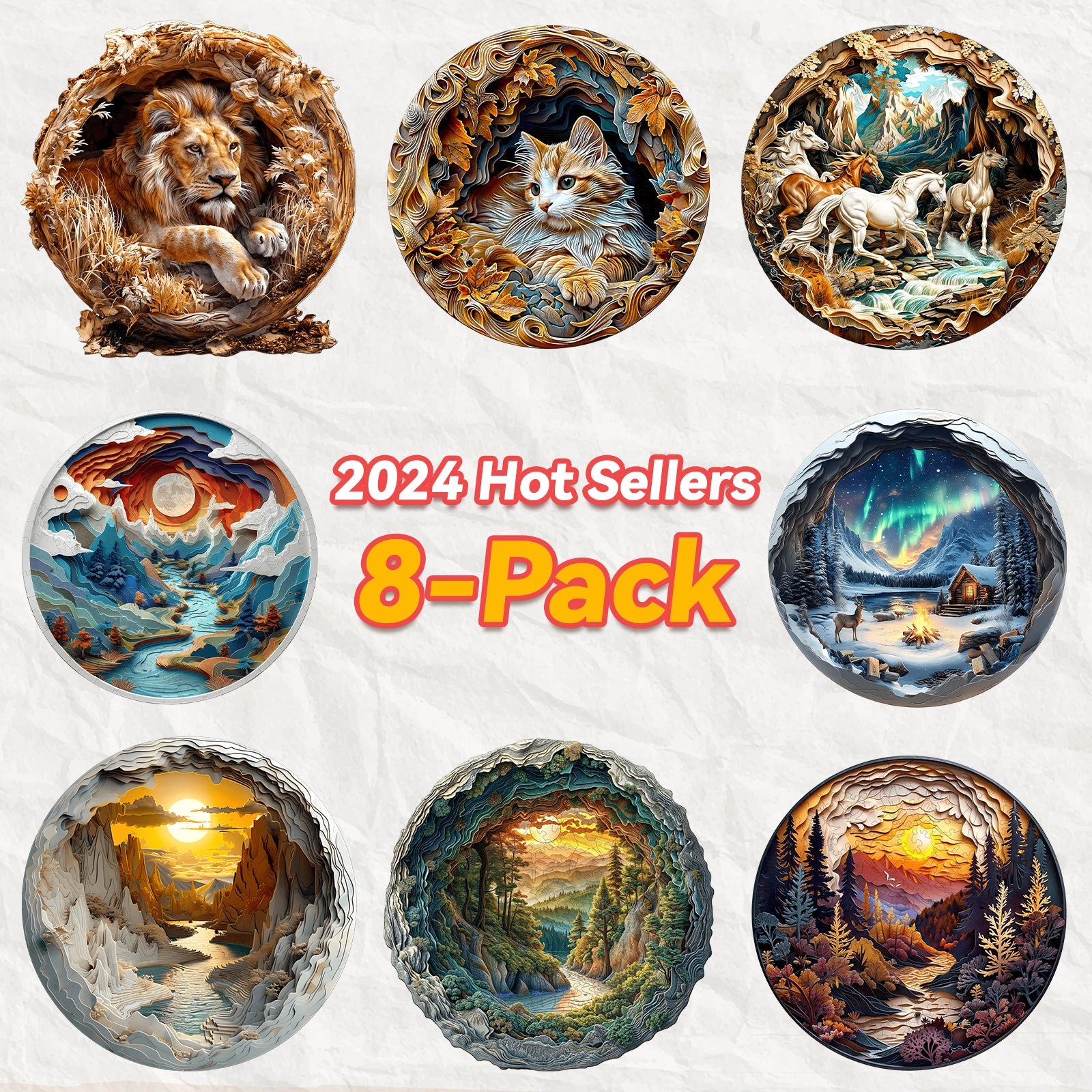 2024 Hot Sellers 8-Pack featuring stunning animal and landscape designs in circular art, perfect for decor.