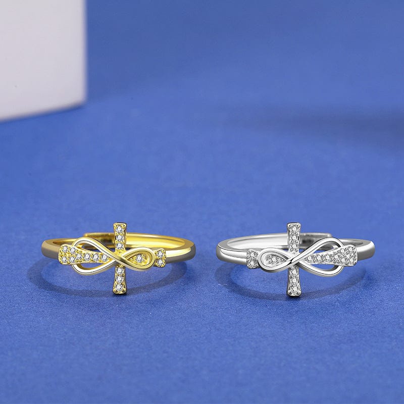TIE & CROSS SILVER RING WITH ZIRCONS - (ADJUSTABLE)