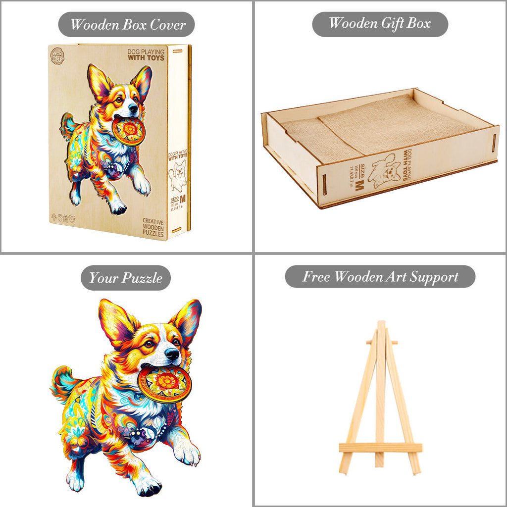 Dog Playing with Toys Wooden Jigsaw Puzzle