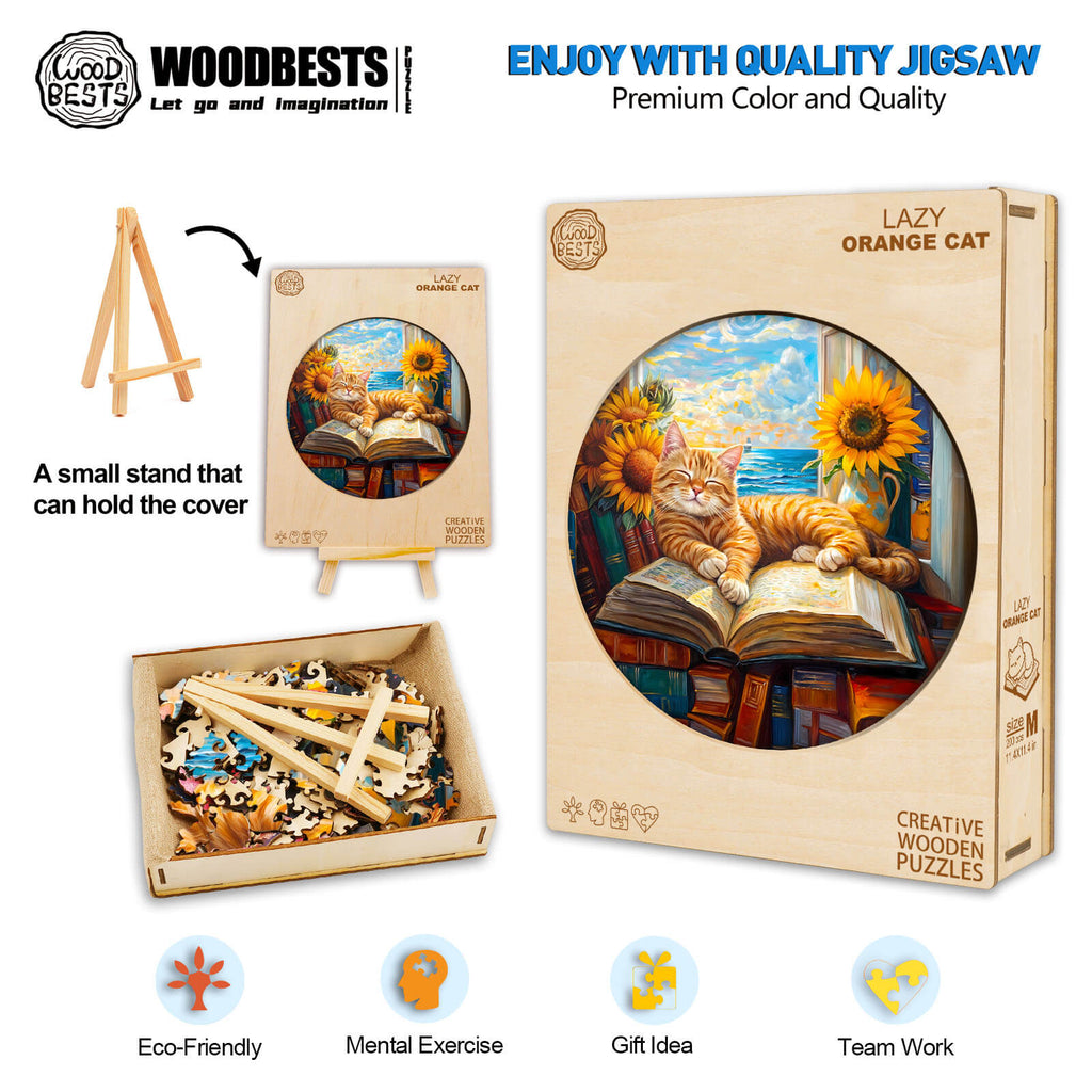 Lazy Orange Cat wooden jigsaw puzzle featuring vibrant colors and eco-friendly materials for mental exercise and fun.