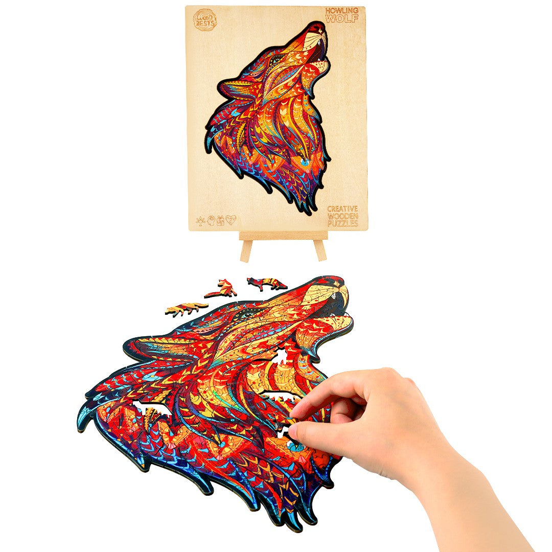 Red Howling Wolf Wooden Jigsaw Puzzle