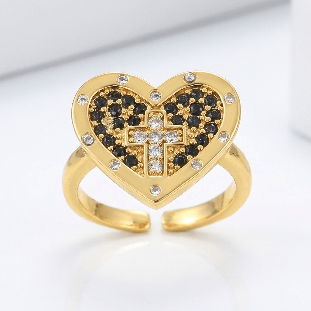 COLORFUL HEART & CROSS SILVER RING - (ADJUSTABLE)