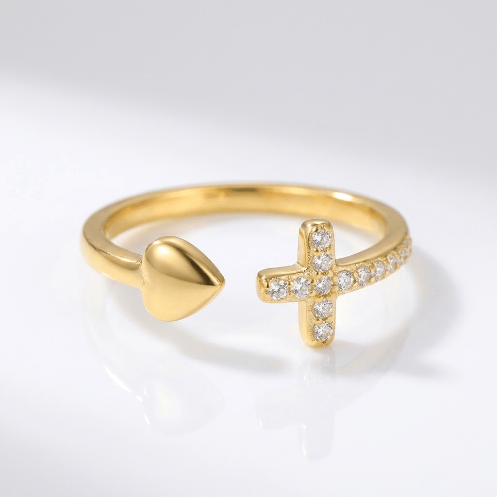CROSS AND HEART RING WITH ZIRCON DIAMONDS - (ADJUSTABLE)