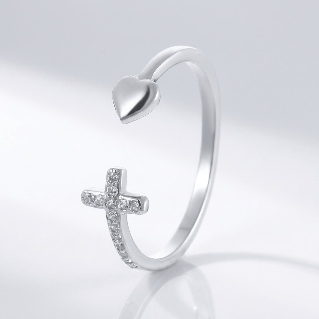 CROSS AND HEART RING WITH ZIRCON DIAMONDS - (ADJUSTABLE)
