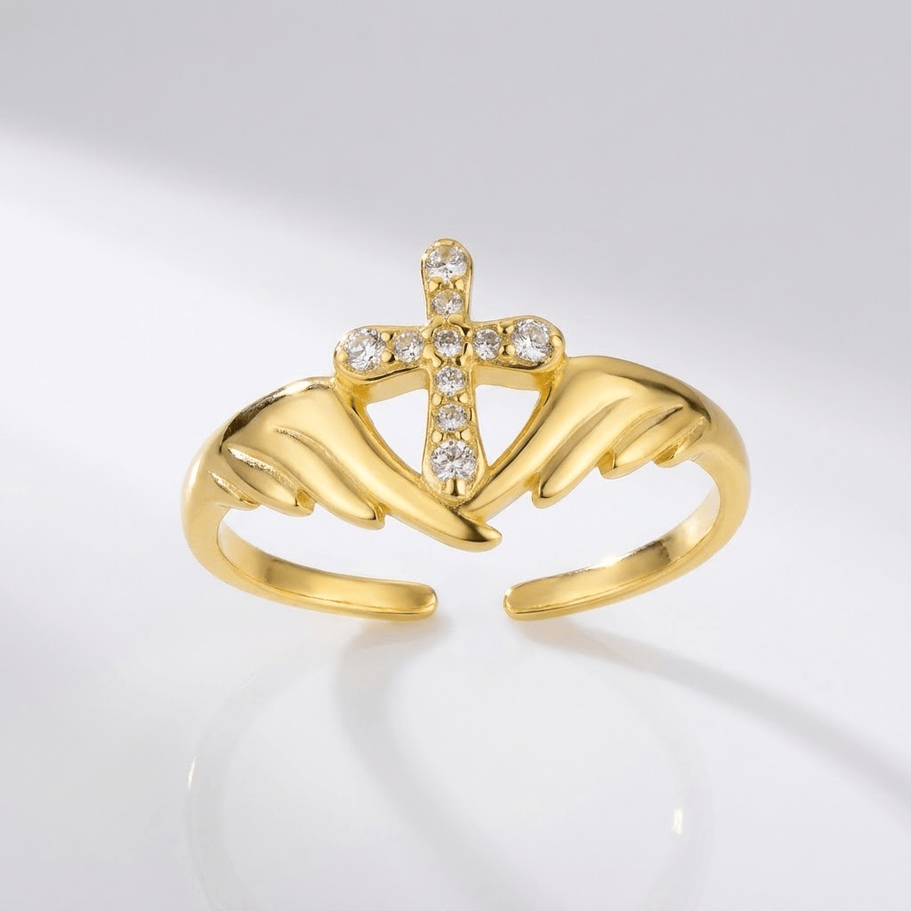 ANGEL WINGS WITH ZIRCON DIAMONDS CROSS RING - (ADJUSTABLE)