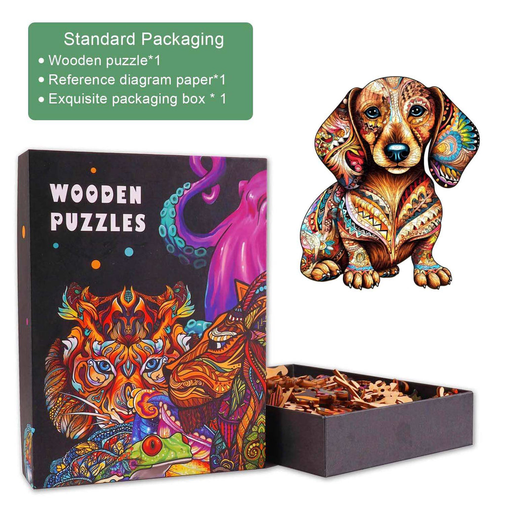 Colorful Dachshund wooden puzzle in exquisite packaging with uniquely shaped pieces for a delightful challenge.
