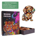 Colorful Dachshund wooden puzzle in exquisite packaging with uniquely shaped pieces for a delightful challenge.