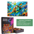 Turtle Explorer Wooden Jigsaw Puzzle with vibrant sea life design, standard packaging includes puzzle and reference diagram.